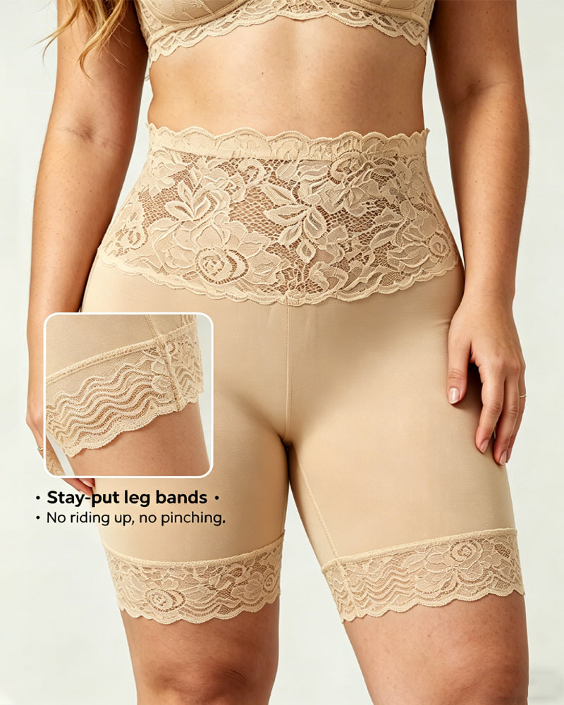 Shorts Elásticos de Control Abdomen Sin Costuras con Cintura Alta y Detalles de Encaje para Mujeres