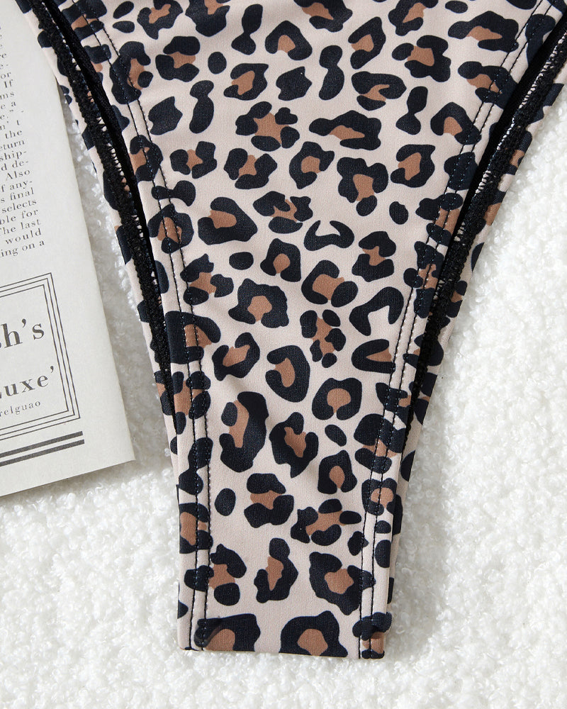 Bikini de Playa con Estampado Retro de Flores y Leopardo para Vacaciones