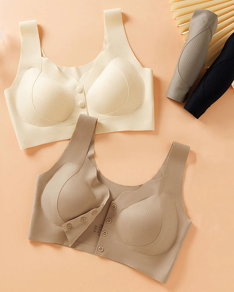 Sujetador sin costuras con cierre frontal en V para mujer, cómodo y transpirable" 

Rewritten: "Sujetador sin costuras con cierre en V frontal para mujer, idealmente cómodo y transpirable