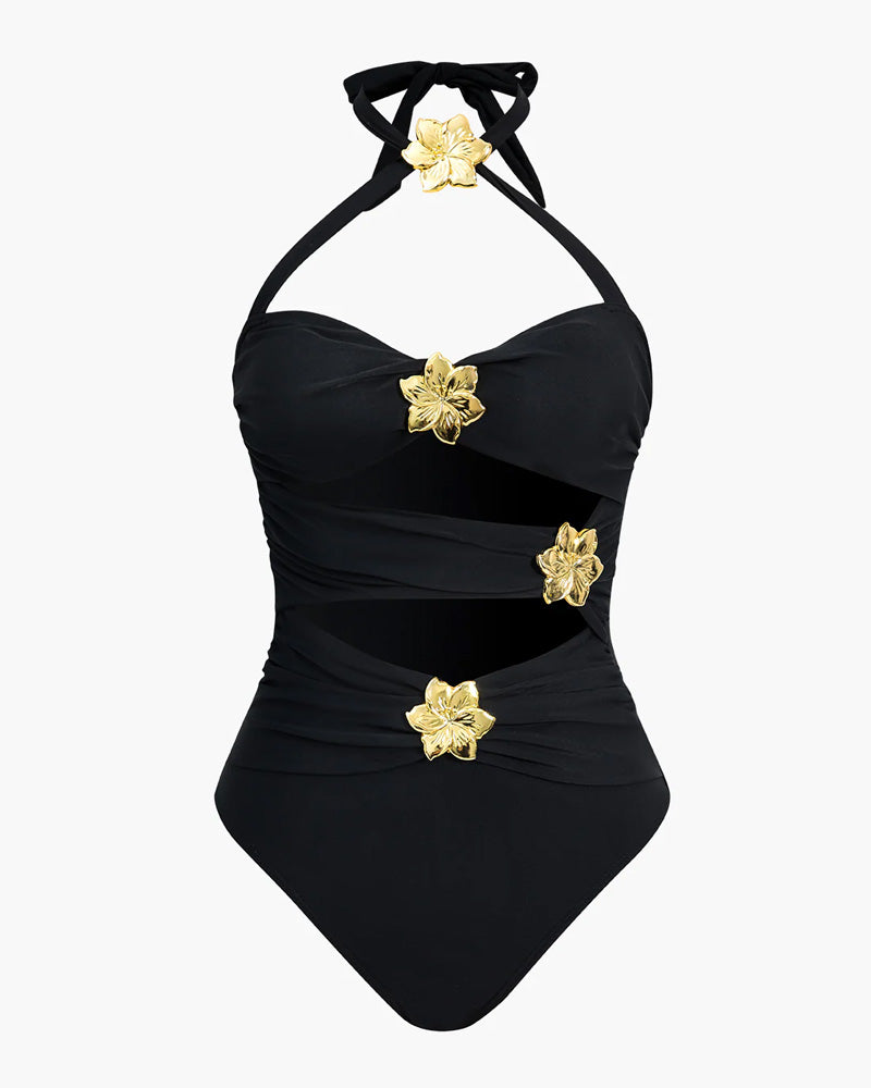 Bañador Halter con Falda y Detalles de Hardware Floral