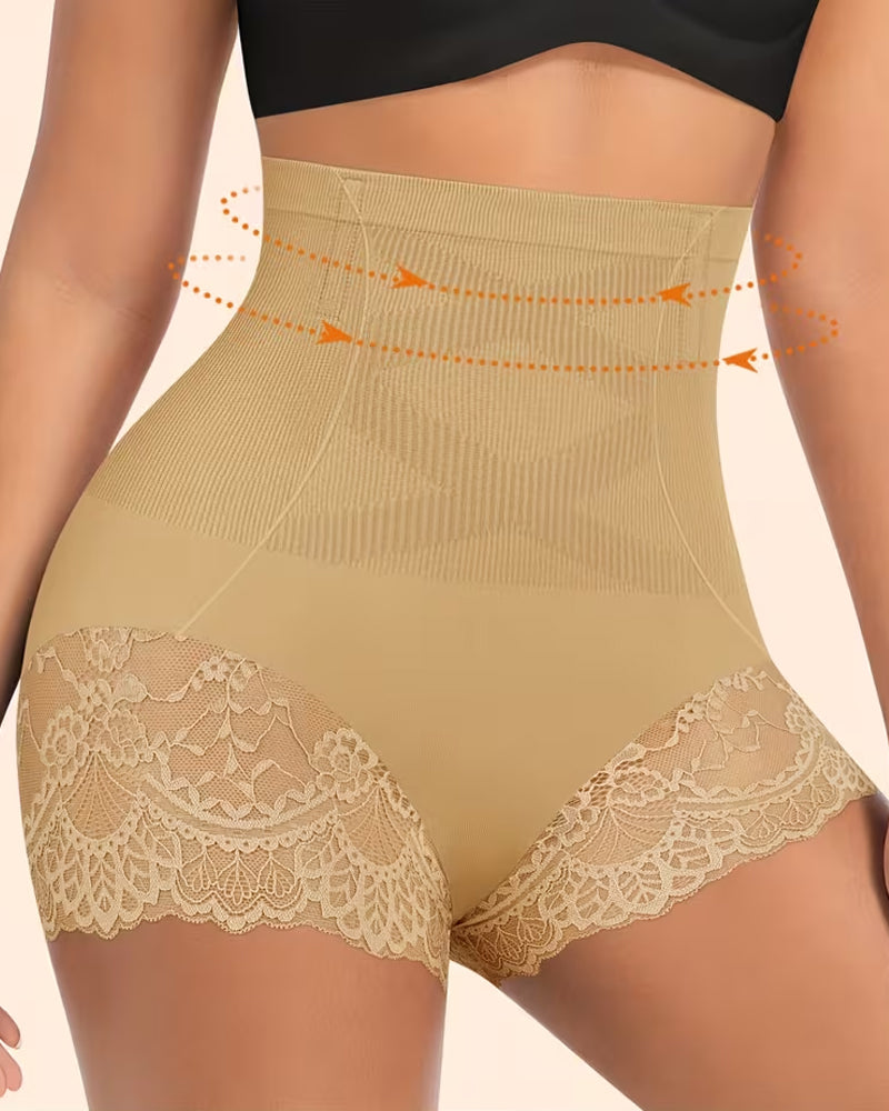 Panties de Control Abdomen y Levantamiento de Glúteos de Encaje Sin Costuras de Cintura Alta para Mujer
