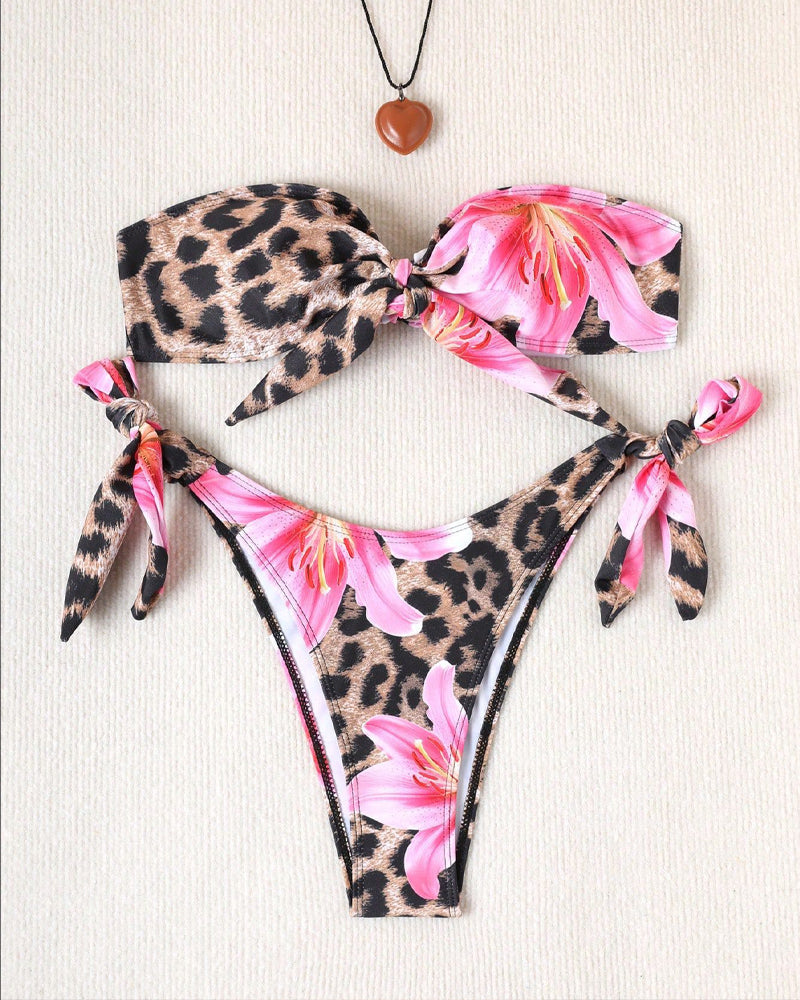 Bikini de Dos Piezas con Estampado de Leopardo Floral