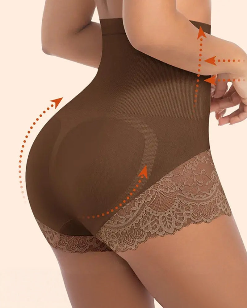 Panties de Control Abdomen y Levantamiento de Glúteos de Encaje Sin Costuras de Cintura Alta para Mujer