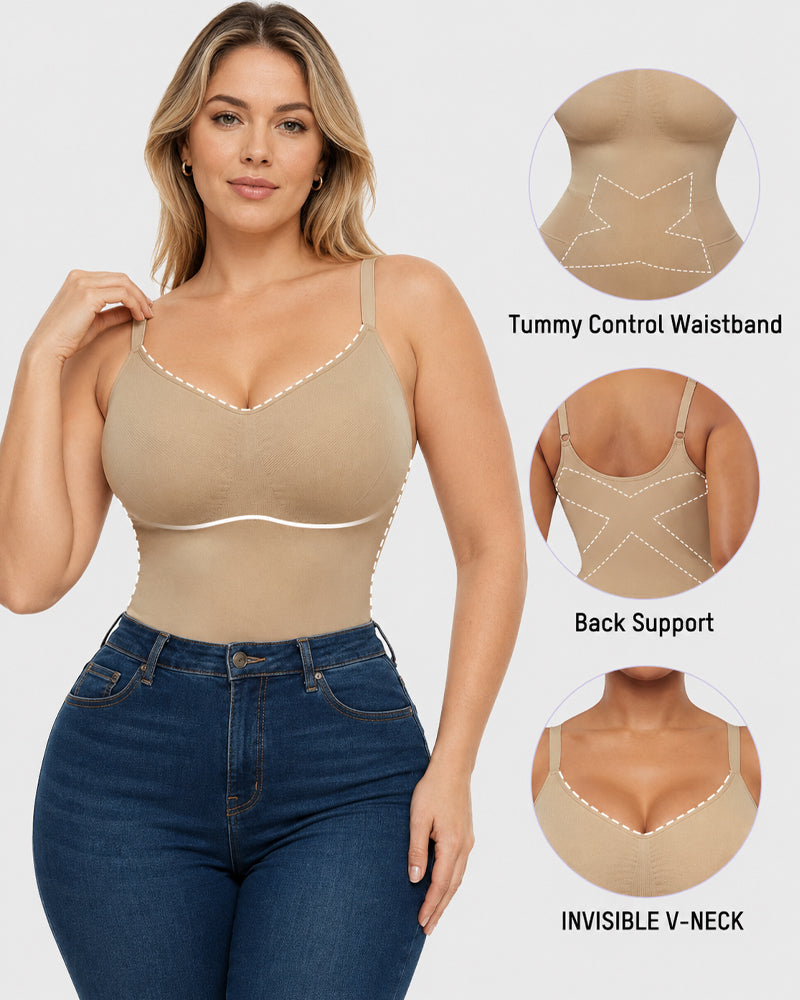 Body sin costuras con control abdominal y escote en V profundo, fácil de poner