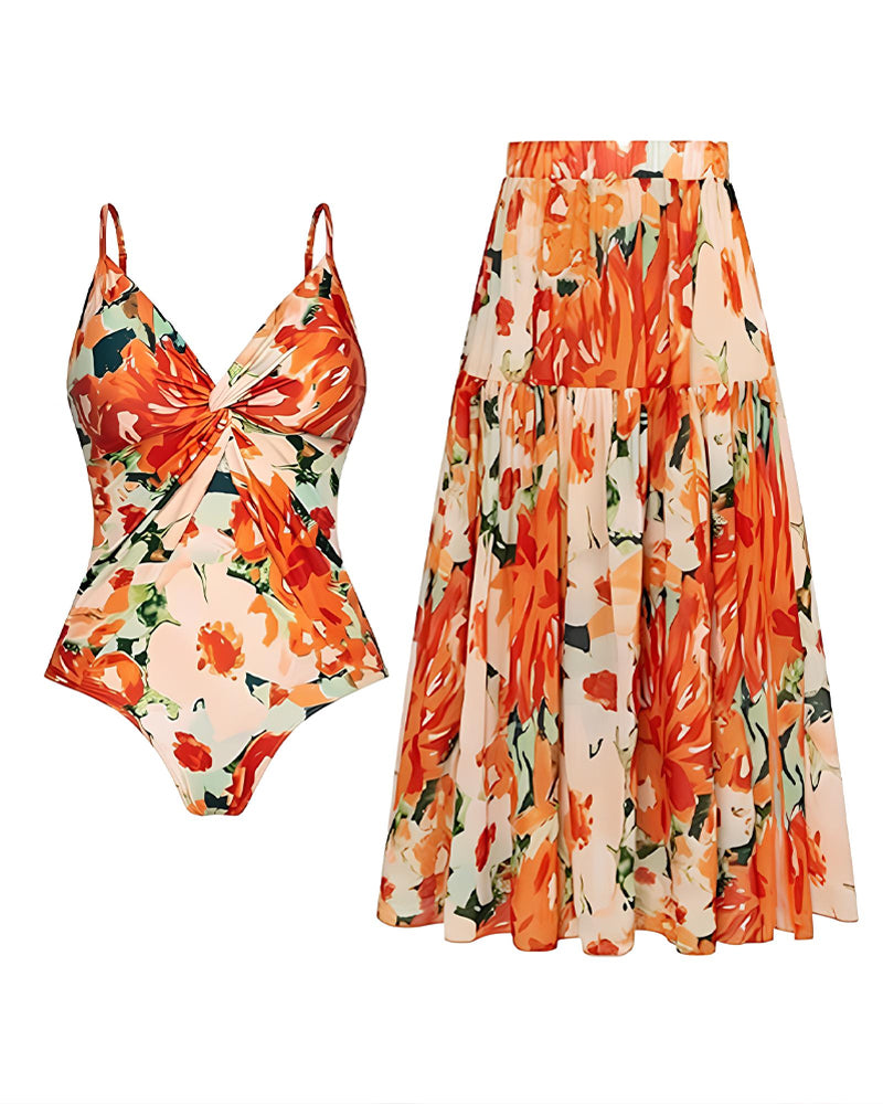 Conjunto de Baño de Una Pieza con Estampado Floral y Falda Larga
