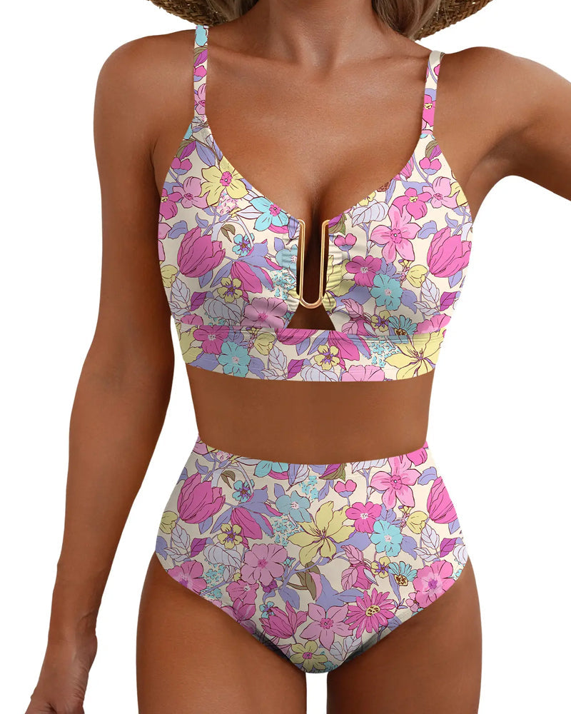 Bikini floral de talle alto con control abdominal y escote en V para mujer