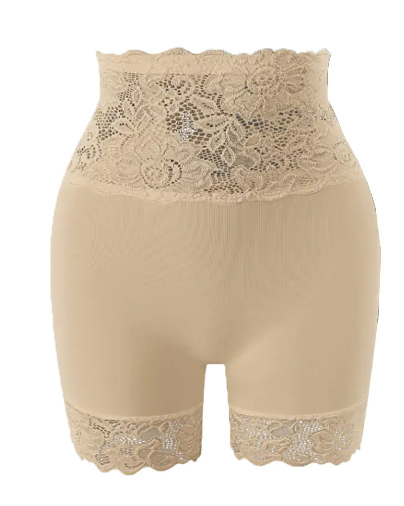 Shorts Elásticos de Control Abdomen Sin Costuras con Cintura Alta y Detalles de Encaje para Mujeres