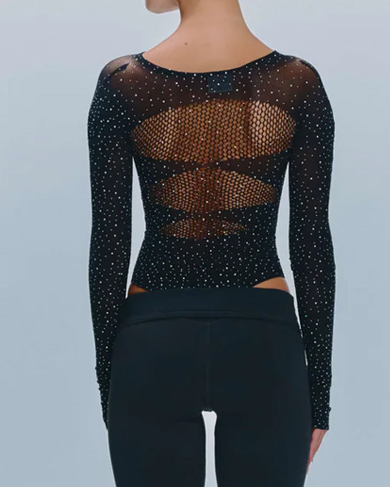 Body de Malla Brillante con Cuello Redondo y Manga Larga