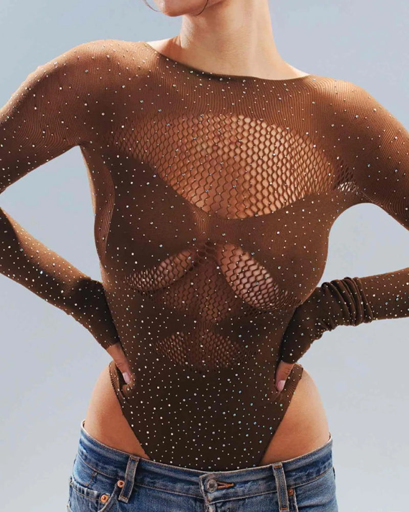 Body de Malla Brillante con Cuello Redondo y Manga Larga