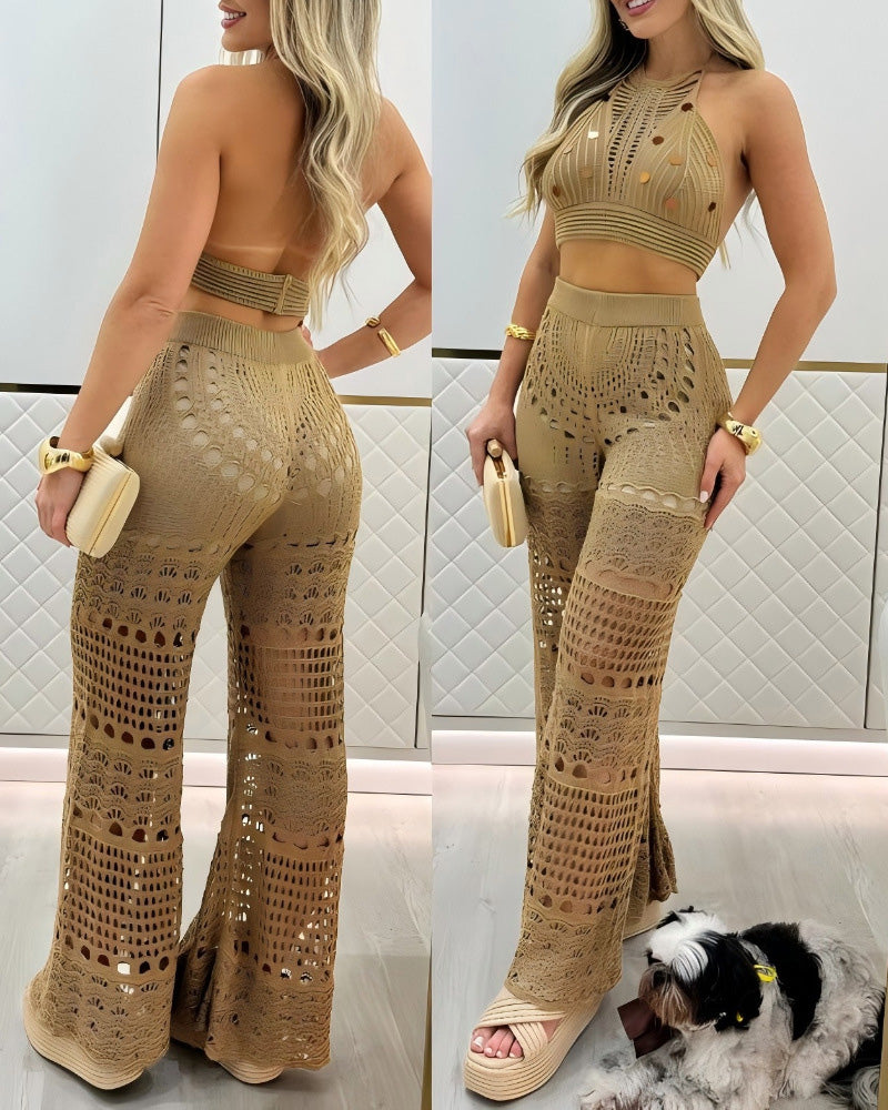 Conjunto Sexy de Top Halter y Pantalones de Punto Hueco para Mujeres