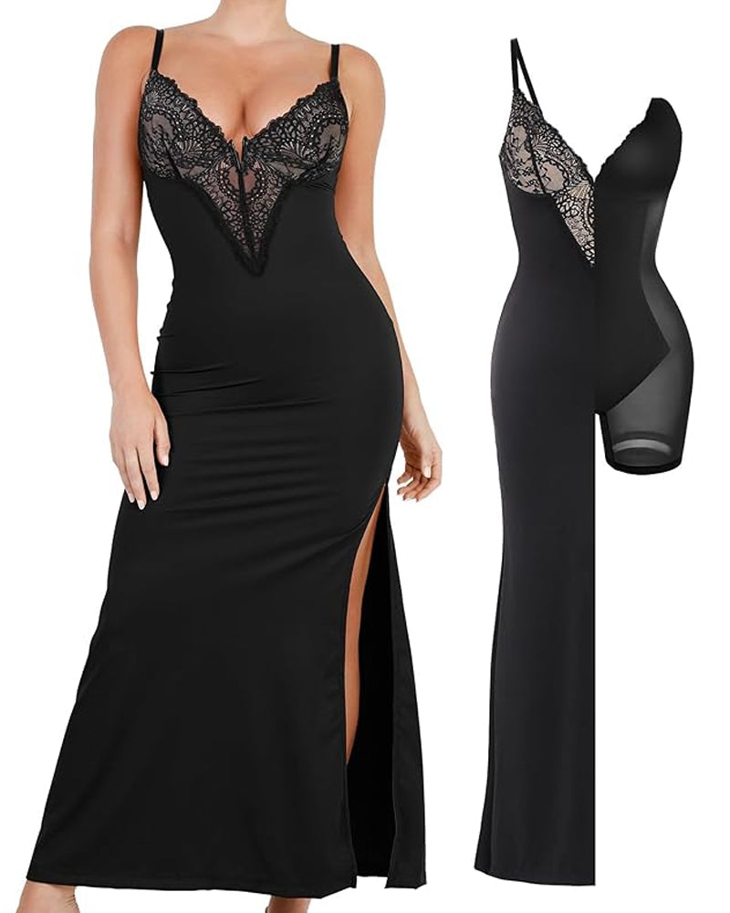 Maxi Vestido Sin Mangas con Escote en V Profundo y Faja Moldeadora Integrada
