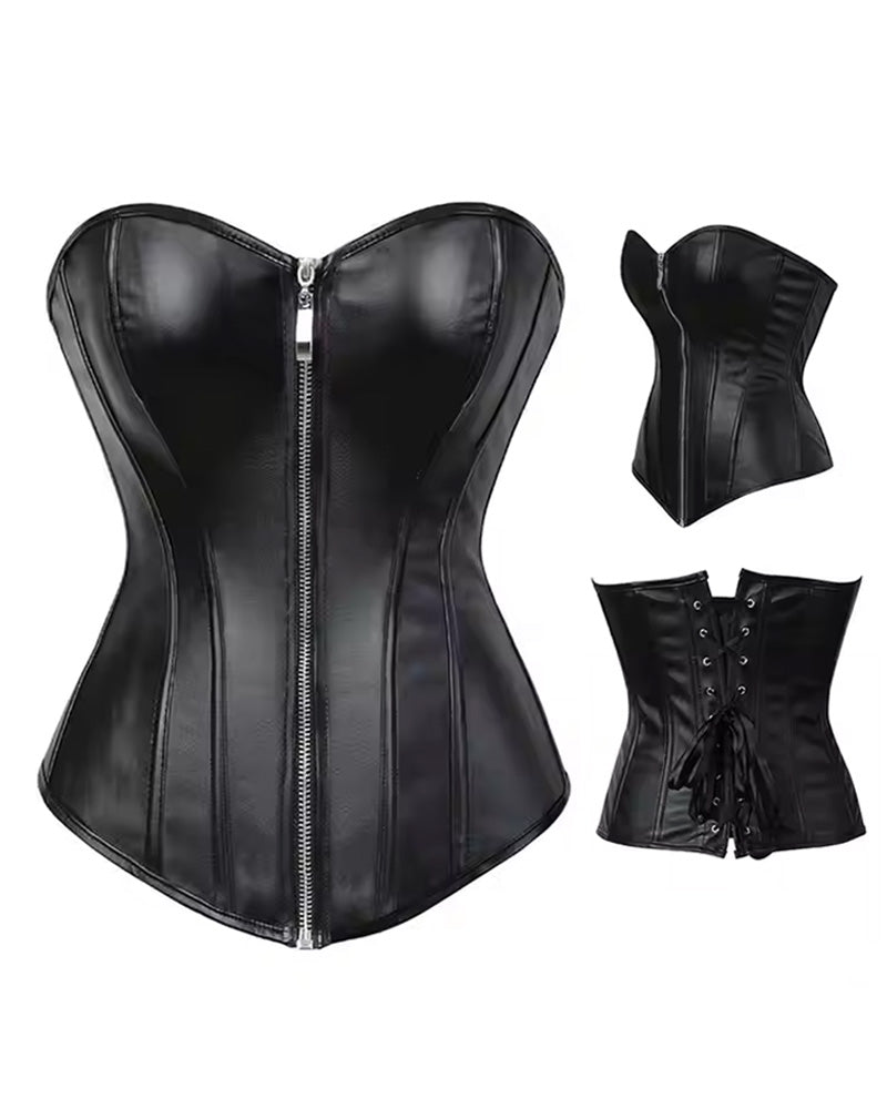 Corsé de Cuero Negro Sexy con Cremallera y Varillas de Acero