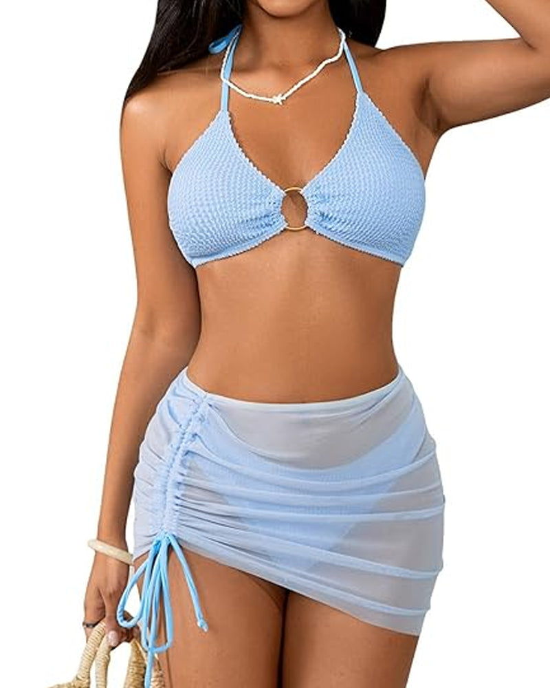 Conjunto de baño de 3 piezas para mujer: bikini halter con anillo y falda cubierta
