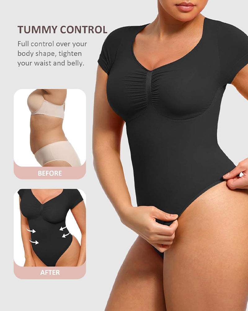 Body sin costuras para mujer con escote en V y mangas cortas